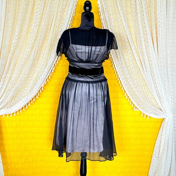 Vintage Y2K Dark Coquette 100% Silk Sheer Black & Pink Milkmaid Dress Size M - Picture 3 of 17